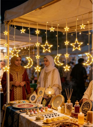أضواء رمضان المتسلسلة، أضواء النجوم والقمر، مع جهاز تحكم عن بعد وصندوق بطاريات، أضواء زخرفية بيضاء دافئة، مناسبة للحدائق والشرفات وغرف النوم، ديكورات رمضان - view 3